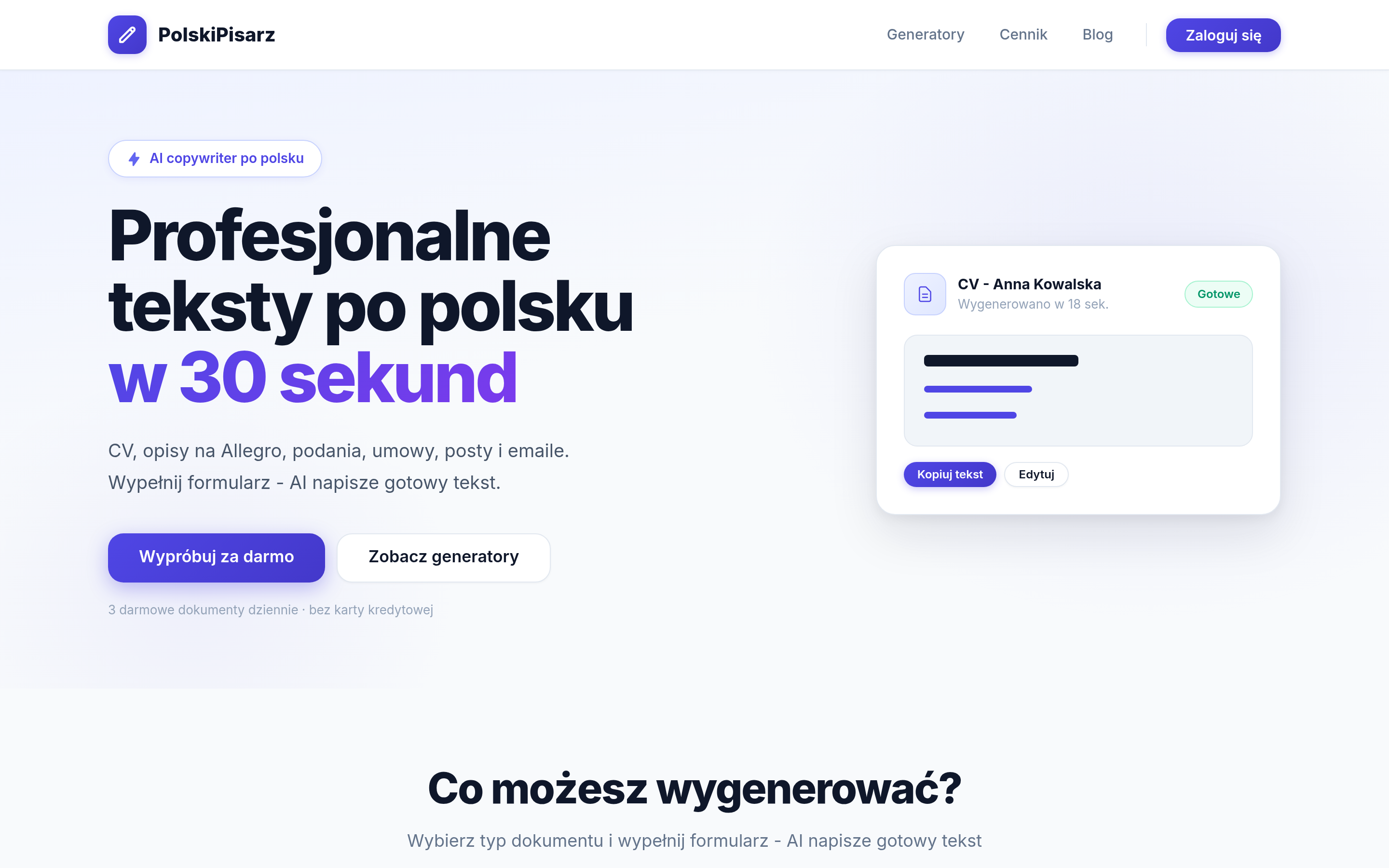 Zrzut ekranu aplikacji polskipisarz.pl - generator tekstów AI